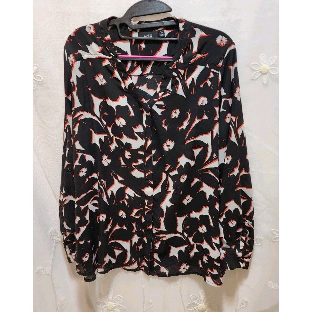 APT.9 WOMENS PETITE PXL BLACK RED BLOUSE DARK FLORAL ABSTRACT CONTEMPORARY BOLD